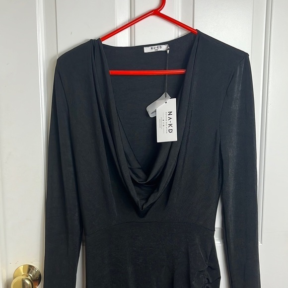 NA-KD Recycled Deep Neckline Mini Black Drawstring Dress Size L - Picture 6 of 16